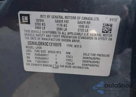 2012 Chevrolet Equinox 1Lt z USA, uszkodzony, nr VIN 2GNALDEK0C1216976